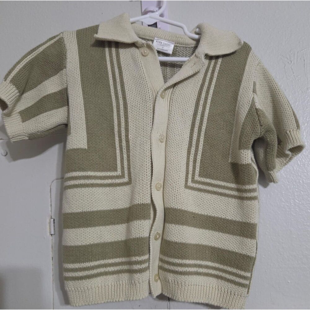 Vintage Knit Button-Up Short Sleeve Polo Sweater Cream & Tan Striped